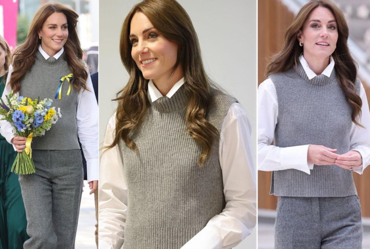 Princess Kate, for instance, has been spotted in a sophisticated CeFinn sleeveless jumper, perfectly paired with tailored trousers and elegant accessories.